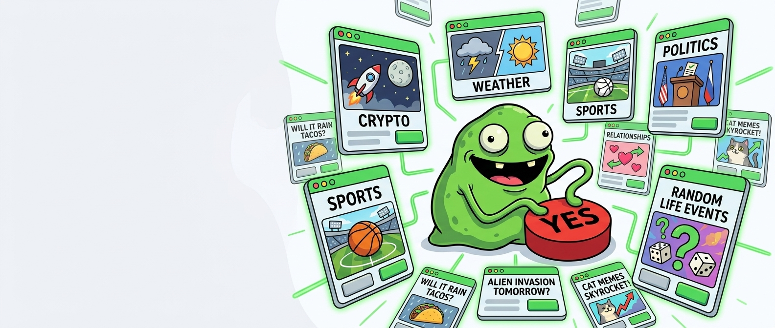YesBlob surrounded by prediction market cards